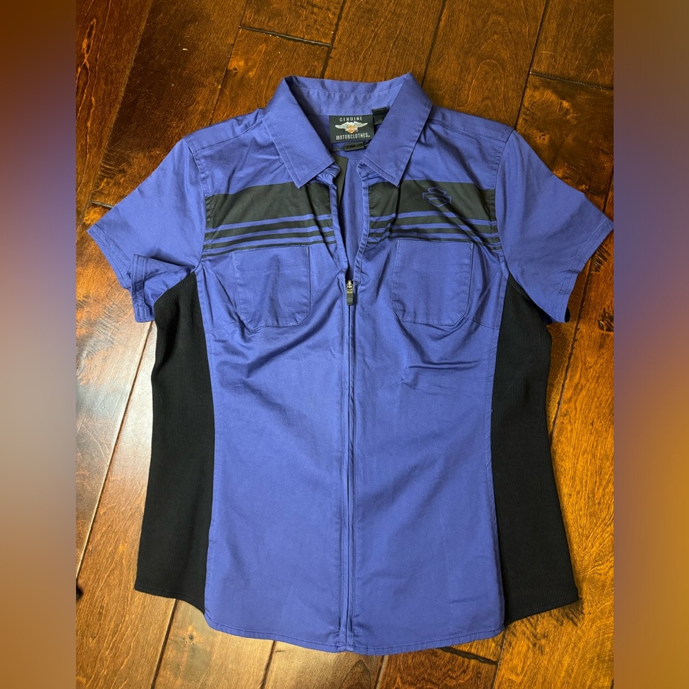 Harley Davidson Purple Zip Up Shirt V-Neck Collared Mechanic Size Large